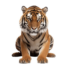 Fototapeta premium Majestic Bengal Tiger Sitting And Staring Intently At The Camera On A Transparent Background