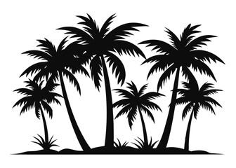 Obraz premium Palm Tree Silhouette with Detailed Fronds and Trunks png on White Background ,tropical silhouette, beach trees, palm tree fronds vector
