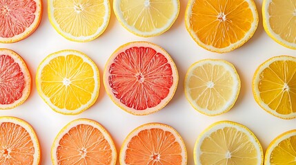 Obraz premium Close-up of fresh citrus slices arranged in a pattern, with a blank white space in the center for text or product highlighting