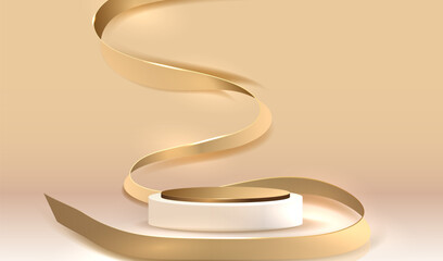 Podium with white and gold cylinder pedestal background. Ribbon golden pattern background. Light scene for display products, stage showcase design. Vector geometric empty studio.