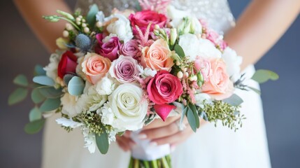 Bride holding a colorful bouquet of flowers.