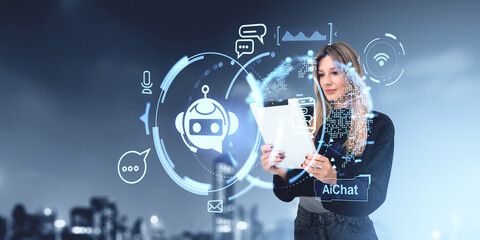 Young woman with tablet, digital AI hologram with earth sphere and cityscape