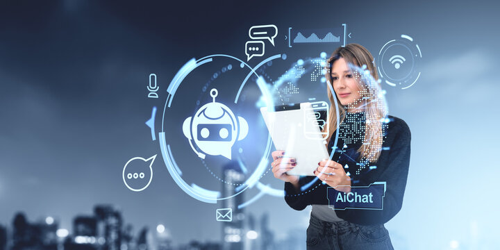Young woman with tablet, digital AI hologram with earth sphere and cityscape - Powered by Adobe