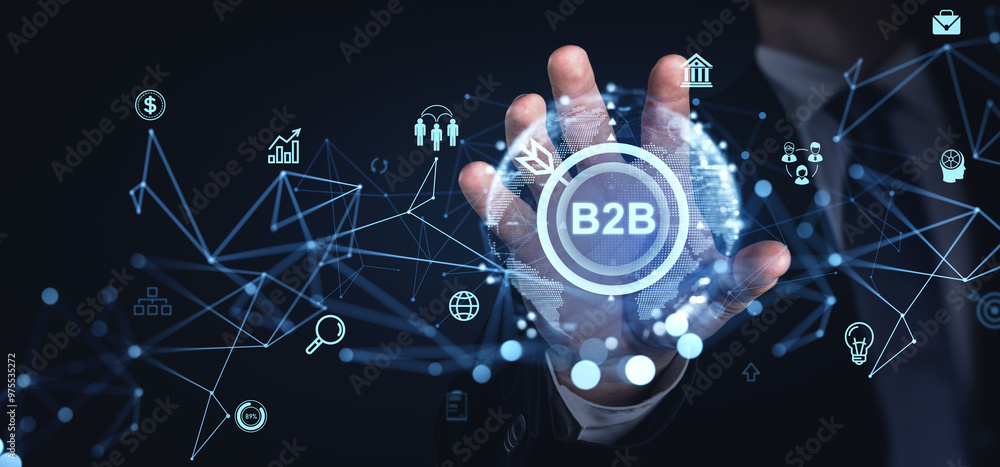 Poster businessperson interacting with b2b digital interface network, showcasing various icons and data poi