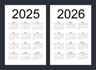 Simple editable vector calendars for year 2025, 2026. Week starts from Sunday. Vertical. Isolated vector illustration on white background.