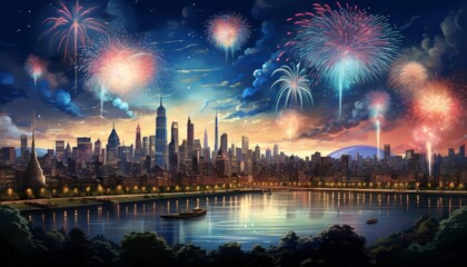 Naklejka premium Fireworks bursting in brilliant colors over a cityscape during a festive celebration in this vibrant illustration