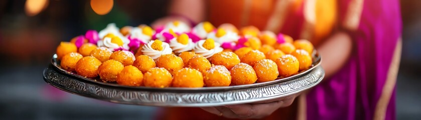 A vibrant platter of delicious Indian sweets, adorned with colorful flowers, perfect for festivals and celebrations.