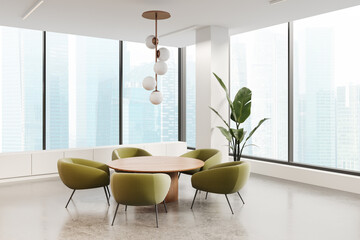 White office interior with meeting table and chairs, drawer and panoramic window