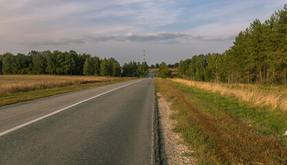 A road with a tall tower in the background