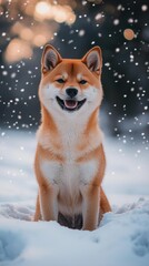 Obraz premium Smiling Shiba Inu Dog Sitting in Snowfall