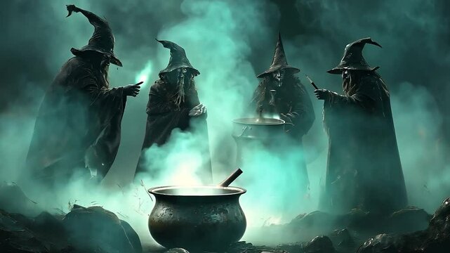 A depicts a group of witches in a cauldron, creating a magical concoction, with their silhouettes obscured by darkness