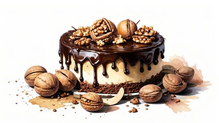 Cake with nuts on a white background, illustration
