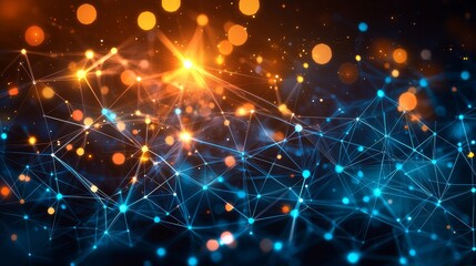 Obraz premium Interconnected Network of Blue and Orange Lights, Abstract Design, Bokeh, Technology, Network, Connection