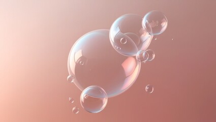 Minimalist digital artwork of translucent soap bubbles floating against a soft gradient background from light beige to warm pink, with iridescent reflections, generative ai