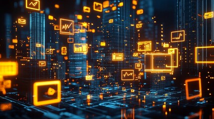Fototapeta premium Neon Cityscape with Digital Icons, 3D Render, Futuristic, Cyberpunk, Technology, Data, AI