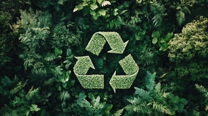 A green recycle symbol made of leaves on a green background of foliage.