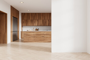 Modern kitchen with wooden cabinets and blank white wall. 3D Rendering