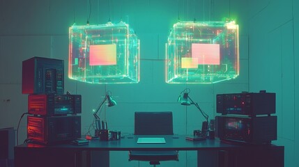 Neon Glowing Cubes Above a Retro Tech Office, Digital Art, Synthwave , Cyberpunk, Futuristic