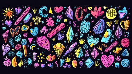 Neon Hand Drawn Pattern with Hearts, Stars, and Geometric Shapes, pattern , doodle , abstract , colorful