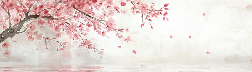 Pink Watercolor Cherry Blossom Branch Over Water Reflection, floral, nature, spring