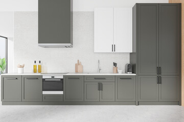 White and grey home kitchen interior with sink and stove, panoramic window
