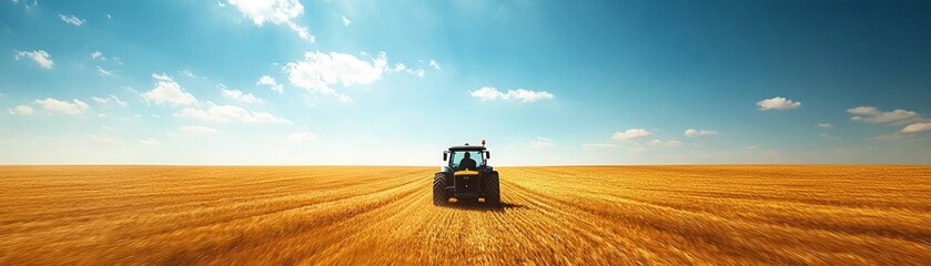 Obraz premium Tractor Driving Through a Golden Field, Blue Sky with Clouds, Perspective, Farm Machinery, Agriculture, Landscape, Nature. Tractor