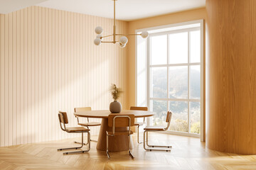 Wooden living room interior with dining table and seats, panoramic window