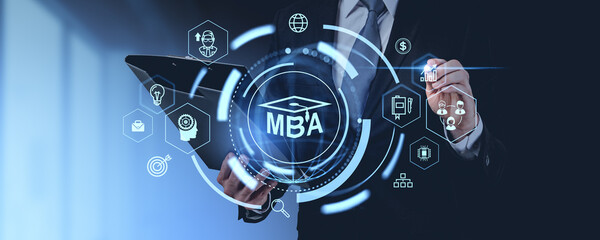Business professional interacting with MBA-related icons on a digital interface.
