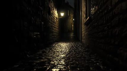 Wandcirkels Smal steegje A dark alley illuminated by a single streetlamp, casting long dr  © pasakorn