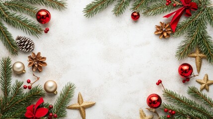 Golden baubles, glittery stars, red ribbons, and pine branches creating a festive Christmas border on a light background.