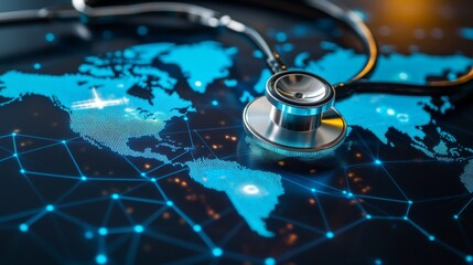 Stethoscope on illuminated digital world map highlighting global healthcare and connectivity