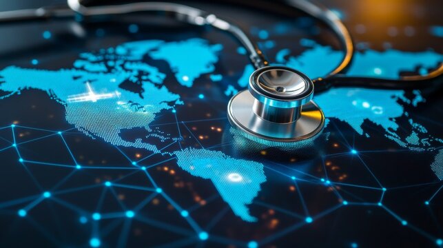 Stethoscope on illuminated digital world map highlighting global healthcare and connectivity