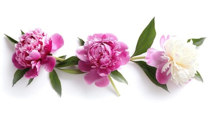 Three lovely peonies on white backdrop