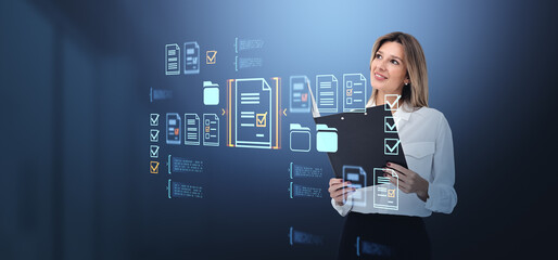 Businesswoman with clipboard, document management system hologram