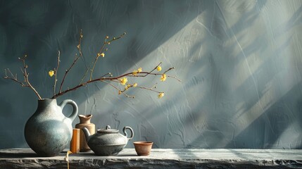 Timeless teapot and vase on stone table