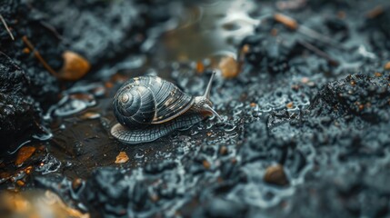 Tiny Snail on damp filthy ground