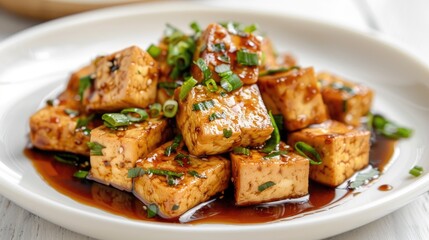 Tofu stir fried in soy sauce on white plate with white background