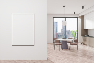 Home kitchen interior with dining table and cabinet, window. Mock up poster