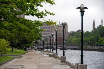Providence, Rhode Island, USA - September 10, 2024: downtown cityscape Skyline view from above the Providence River.