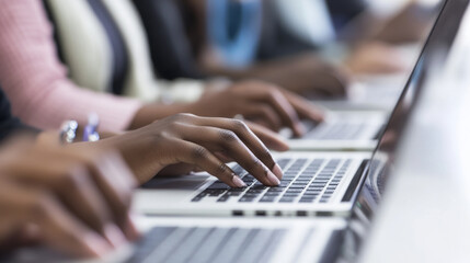 Hands typing on laptops during a collaborative work session in a modern office environment