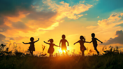 Fototapeta premium international children day background, kids silhouette in sunset and blue sky