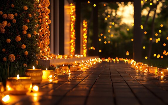 A tranquil evening pathway illuminated by glowing candles and vibrant flowers, creating a serene and enchanting atmosphere.