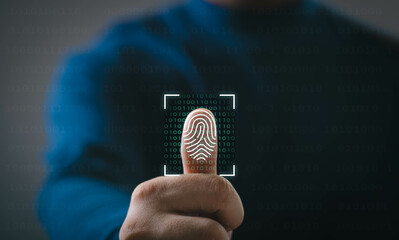 Close-up of a person's thumb with a fingerprint scan overlay, symbolizing biometric authentication...