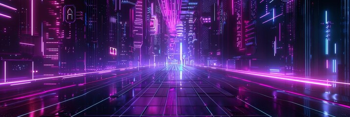 Obraz premium Neon Cyberpunk City, Urban Future Metaverse, Night Purple Street Texture Background, Copy Space