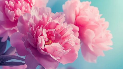 Obraz premium Beautiful Pink Peony Flowers in Full Bloom Against a Soft Pastel Blue Background