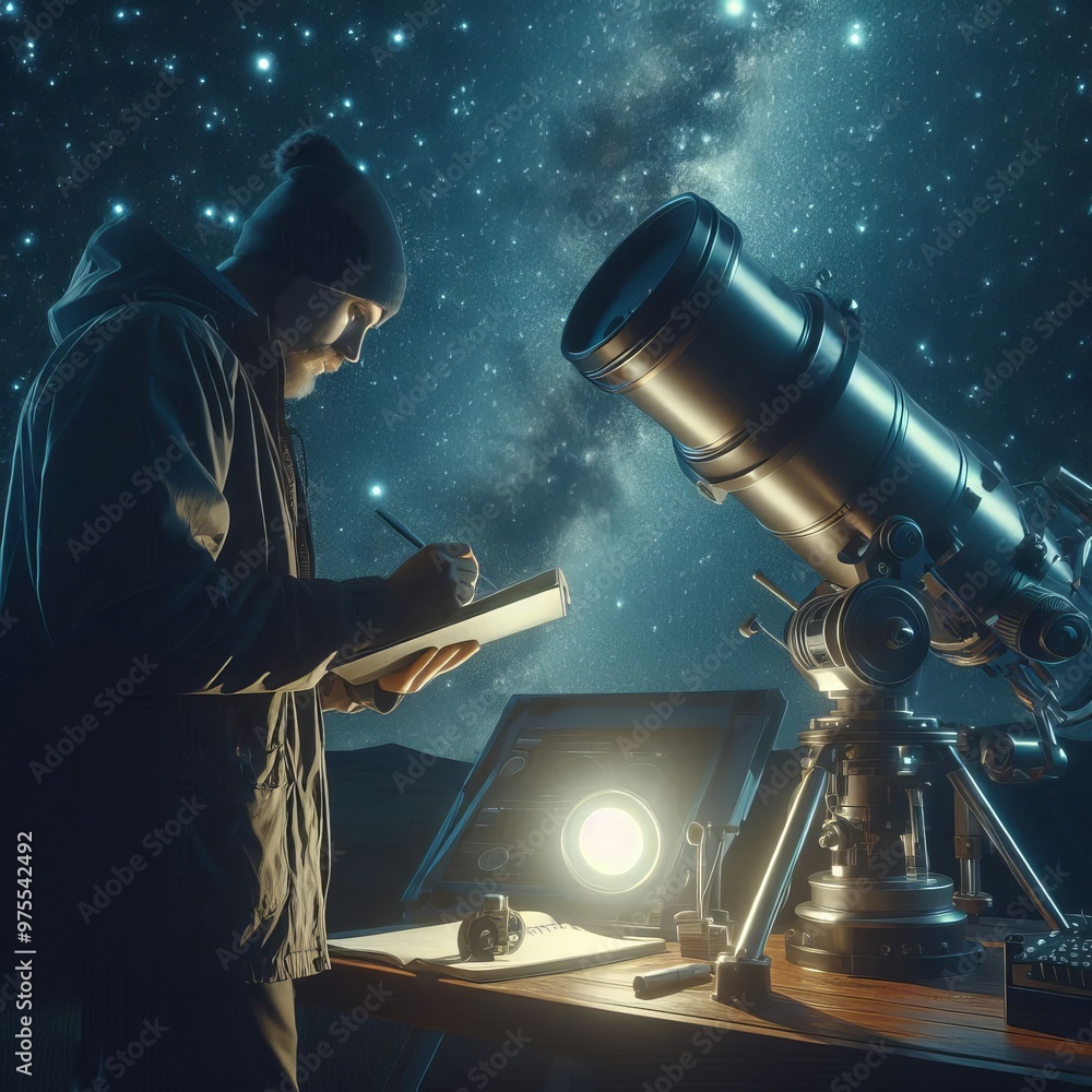 Poster a focused astronomer uses both a large telescope and a digital tablet to record observations of the 