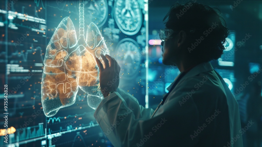 Aufkleber A man in a white lab coat is looking at a computer screen with a 3D image of a l