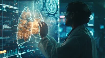 A man in a white lab coat is looking at a computer screen with a 3D image of a l