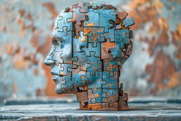 Human head made of puzzle pieces representing psychological data