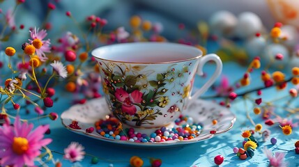 Fototapeta premium Tree colorful fresh cup of tea with flowers and beads welding